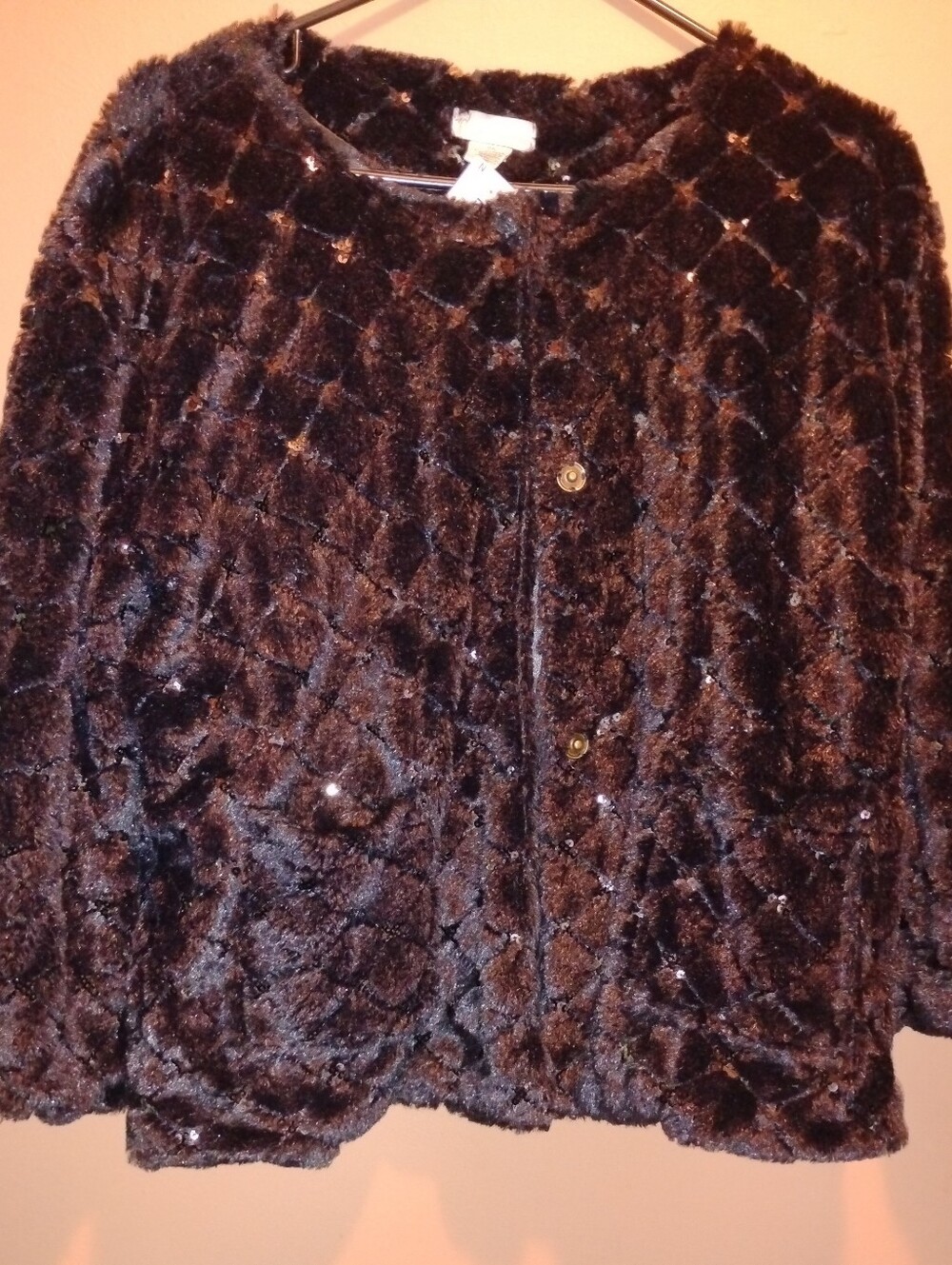 NEW! Beautiful Women's Black Faux Fur Sequin Jacket With 3/4 Bell Sleeves.